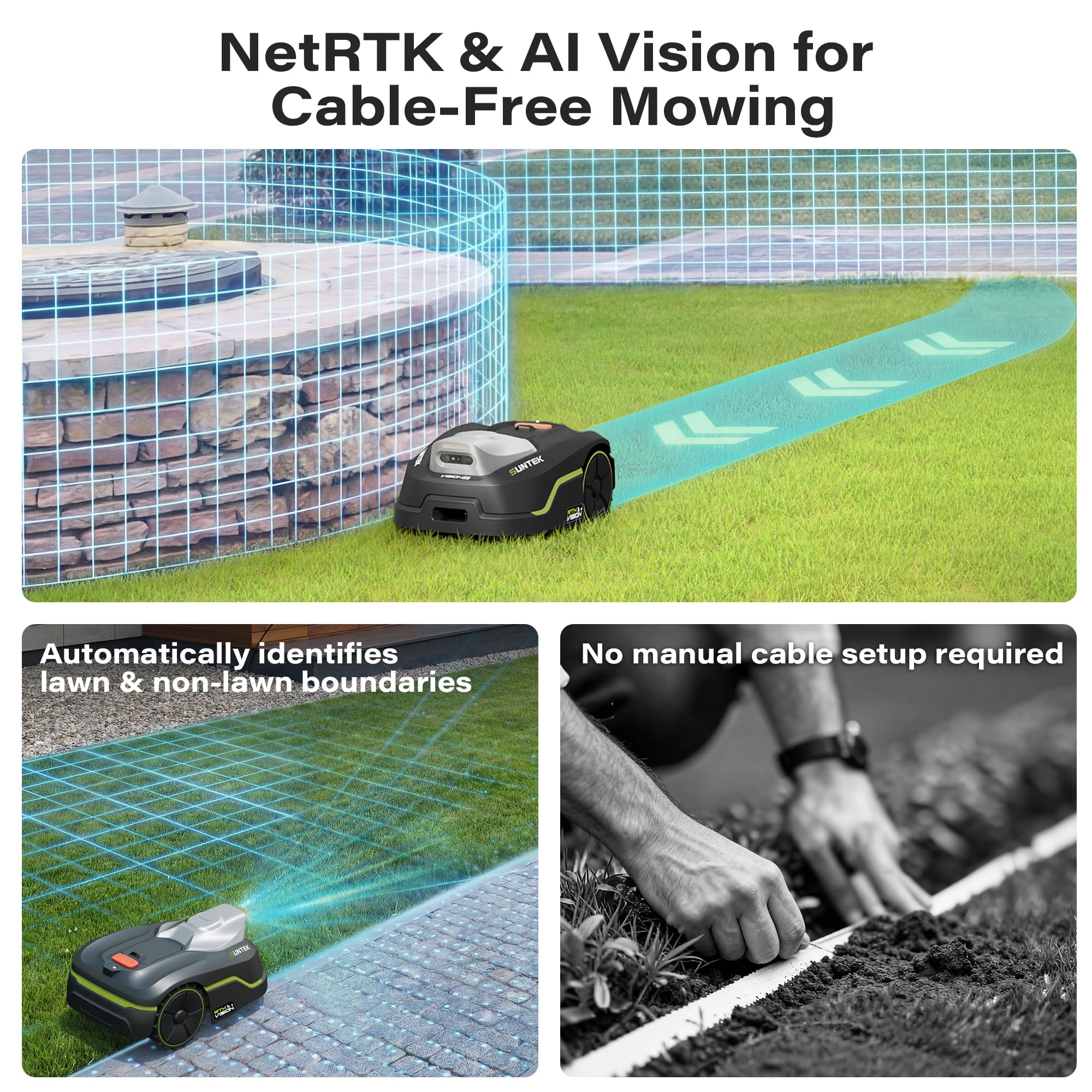 SUNTEK SRM3150 RTK+ AI Stereo Vision Vision Cordless Robotic Mower, for 1/3 Acres - SUNTEK